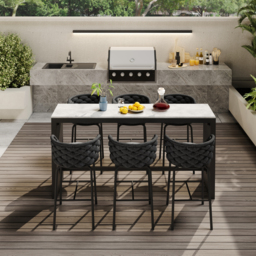 7-Piece Garden Sintered Stone & Aluminium Bar Dining Set with 6 Bar Stools in Dark Grey - thumbnail 3