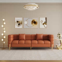 Axial 200 cm Faux Leather Fluted Sofa with Gold Legs & Pillows - thumbnail 2