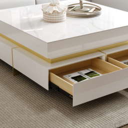 White Modern Square Coffee Table with Drawers  Sintered Stone Top & Metal Legs - thumbnail 4