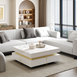 White Modern Square Coffee Table with Drawers  Sintered Stone Top & Metal Legs - thumbnail 6
