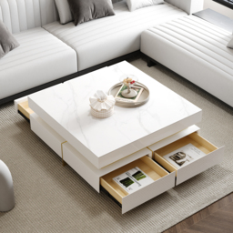 White Modern Square Coffee Table with Drawers  Sintered Stone Top & Metal Legs - thumbnail 1