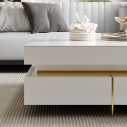 White Modern Square Coffee Table with Drawers  Sintered Stone Top & Metal Legs - thumbnail 3