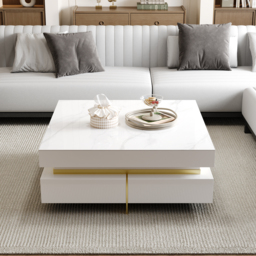 White Modern Square Coffee Table with Drawers  Sintered Stone Top & Metal Legs - thumbnail 2
