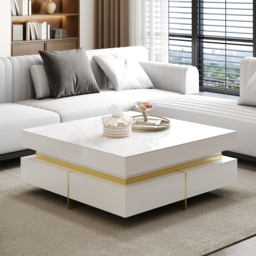 White Modern Square Coffee Table with Drawers  Sintered Stone Top & Metal Legs - thumbnail 5