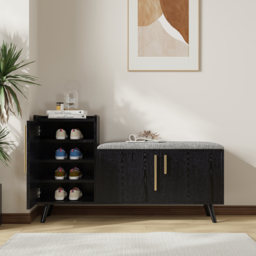 Shoe Storage Entryway Bench Wooden with 3 Doors & 5 Shelves Shoe Rack in Black  (1200mm Wide) - thumbnail 2
