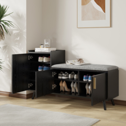 Shoe Storage Entryway Bench Wooden with 3 Doors & 5 Shelves Shoe Rack in Black  (1200mm Wide) - thumbnail 4