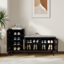 Shoe Storage Entryway Bench Wooden with 3 Doors & 5 Shelves Shoe Rack in Black  (1200mm Wide) - thumbnail 3