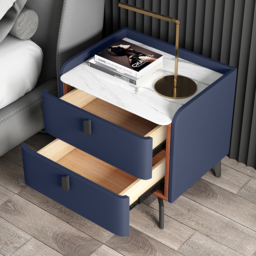 Modern Nightstand Set of 2 with 2 Drawers Bedroom Nightstand in Deep Blue, Faux Marble - thumbnail 5