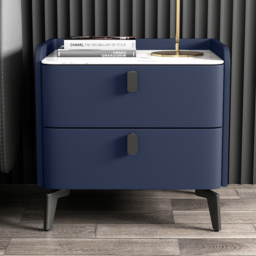 Modern Nightstand Set of 2 with 2 Drawers Bedroom Nightstand in Deep Blue, Faux Marble - thumbnail 3