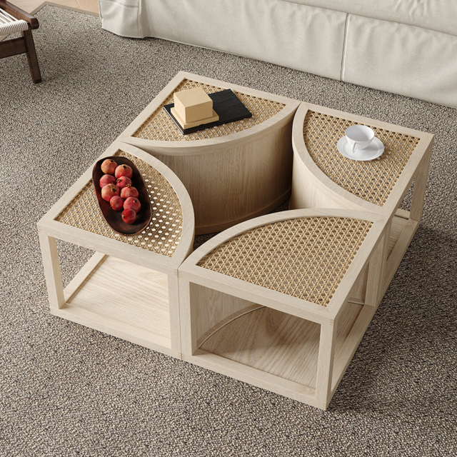 Round to Square Block Modular Coffee Table White Oak Rattan with