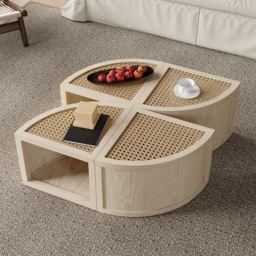 Round to Square Block Modular Coffee Table White Oak Rattan with Storage 4 Piece - thumbnail 5