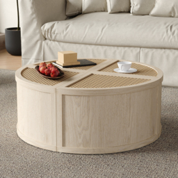 Round to Square Block Modular Coffee Table White Oak Rattan with Storage 4 Piece - thumbnail 3