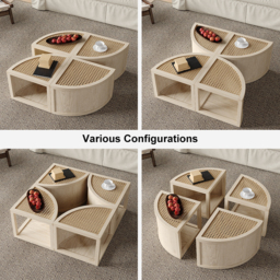 Round to Square Block Modular Coffee Table White Oak Rattan with Storage 4 Piece - thumbnail 8