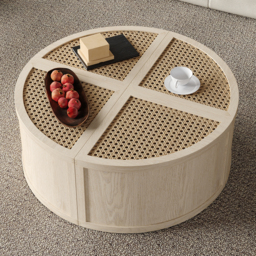 Round to Square Block Modular Coffee Table White Oak Rattan with Storage 4 Piece - thumbnail 2