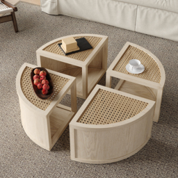 Round to Square Block Modular Coffee Table White Oak Rattan with Storage 4 Piece - thumbnail 4