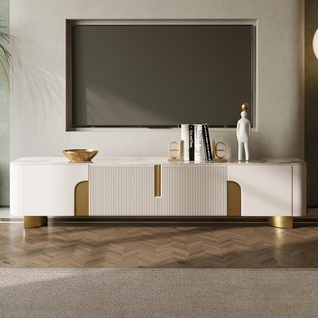 200 cm Stone Top Beige & Gold TV Stand with 4 Doors and Storage - image 1