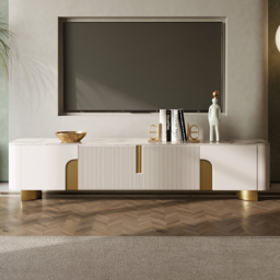 200 cm  Stone Top Beige & Gold TV Stand with 4 Doors and Storage