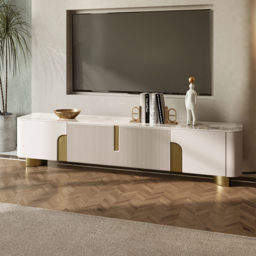 200 cm  Stone Top Beige & Gold TV Stand with 4 Doors and Storage - thumbnail 2