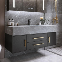 Modern 100 cm Floating Black Bathroom Vanity Stone Top Wall Mounted Bathroom Cabinet - thumbnail 1