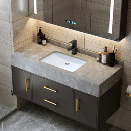 Modern 100 cm Floating Black Bathroom Vanity Stone Top Wall Mounted Bathroom Cabinet - thumbnail 5
