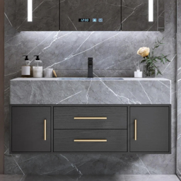Modern 100 cm Floating Black Bathroom Vanity Stone Top Wall Mounted Bathroom Cabinet - thumbnail 2