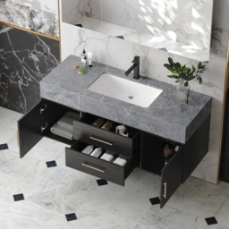 Modern 100 cm Floating Black Bathroom Vanity Stone Top Wall Mounted Bathroom Cabinet - thumbnail 8