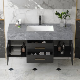Modern 100 cm Floating Black Bathroom Vanity Stone Top Wall Mounted Bathroom Cabinet - thumbnail 7