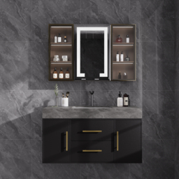 Modern 100 cm Floating Black Bathroom Vanity Stone Top Wall Mounted Bathroom Cabinet - thumbnail 3