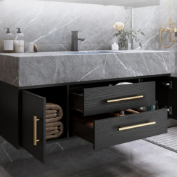 Modern 100 cm Floating Black Bathroom Vanity Stone Top Wall Mounted Bathroom Cabinet - thumbnail 6
