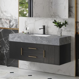 Modern 100 cm Floating Black Bathroom Vanity Stone Top Wall Mounted Bathroom Cabinet - thumbnail 4
