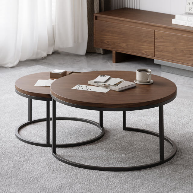 Fero 2 Pieces Modern Walnut & Black Round Nesting Coffee Table for Living Room - image 1