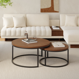 Fero 2 Pieces Modern Walnut & Black Round Nesting Coffee Table for Living Room - thumbnail 7