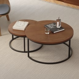 Fero 2 Pieces Modern Walnut & Black Round Nesting Coffee Table for Living Room - thumbnail 3