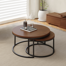 Fero 2 Pieces Modern Walnut & Black Round Nesting Coffee Table for Living Room - thumbnail 2
