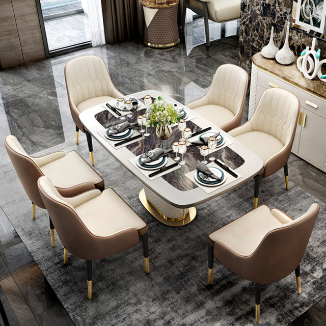 "Modern 63"" Marble Rectangular Pedestal Dining Table PU Leather&Stainless Steel in Gold"