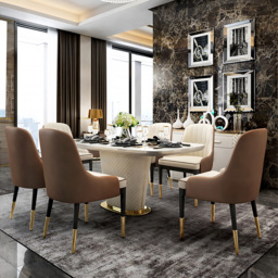 "Modern 63"" Marble Rectangular Pedestal Dining Table PU Leather&Stainless Steel in Gold" - thumbnail 2