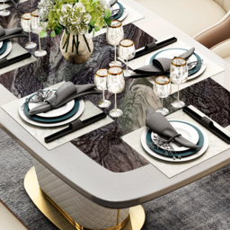 "Modern 63"" Marble Rectangular Pedestal Dining Table PU Leather&Stainless Steel in Gold" - thumbnail 4