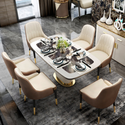 "Modern 63"" Marble Rectangular Pedestal Dining Table PU Leather&Stainless Steel in Gold" - thumbnail 1