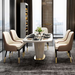 "Modern 63"" Marble Rectangular Pedestal Dining Table PU Leather&Stainless Steel in Gold" - thumbnail 3