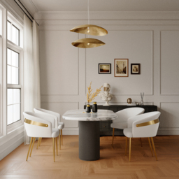 Modern White PU Leather Dining Chair Curved Back with Gold Legs 6-Pieces - thumbnail 3