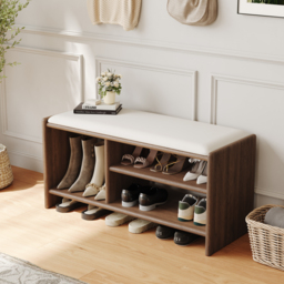 Modern Leather Upholstered Entryway Bench in Walnut Wood Shoe Storage (1200mm Wide) - thumbnail 2
