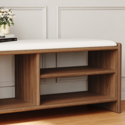 Modern Leather Upholstered Entryway Bench in Walnut Wood Shoe Storage (1200mm Wide) - thumbnail 6