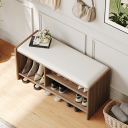 Modern Leather Upholstered Entryway Bench in Walnut Wood Shoe Storage (1200mm Wide) - thumbnail 3