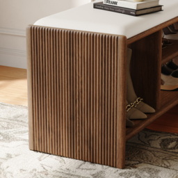 Modern Leather Upholstered Entryway Bench in Walnut Wood Shoe Storage (1200mm Wide) - thumbnail 7