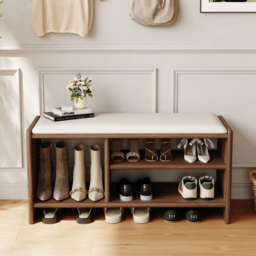 Modern Leather Upholstered Entryway Bench in Walnut Wood Shoe Storage (1200mm Wide)