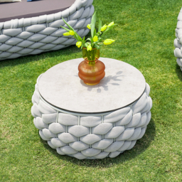 Modern Sintered Stone Top Round Outdoor Coffee Table with Textilene Rope Woven Base in Grey - thumbnail 2