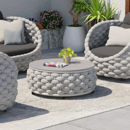 Modern Sintered Stone Top Round Outdoor Coffee Table with Textilene Rope Woven Base in Grey - thumbnail 3