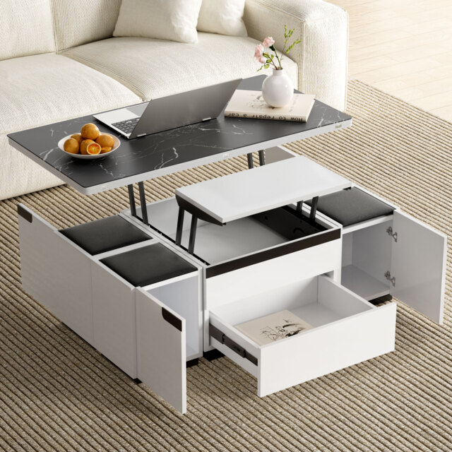 Modern White Lift Top Marble Coffee Table with Drawers & Storage Multifunction Table - image 1