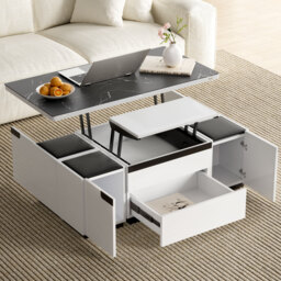 Modern White Lift Top Marble Coffee Table with Drawers & Storage Multifunction Table