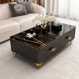 Chift 130 cm Modern Marble Coffee Table & Storage Drawers Gold Stainless Steel Legs - thumbnail 1